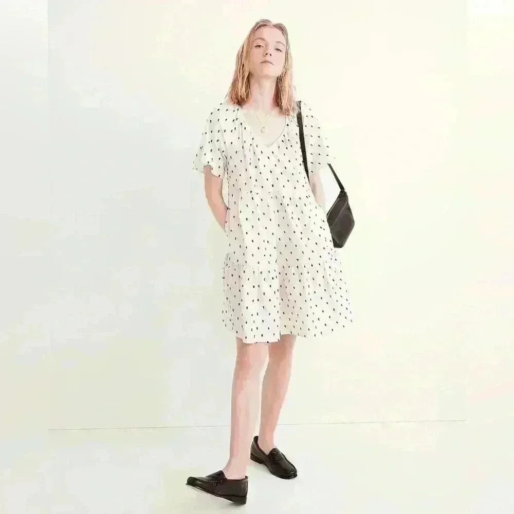 Madewell XS Cotton-Linen Lorelei Mini Dress in Clip Dot RETAIL $98